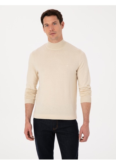 Cacharel Bej Slim Fit Pamuk Karışımlı Yarım Balıkçı Yaka Triko Kazak