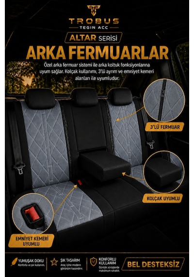 Fiat Egea Cross 2020+ Uyumlu Altar Serisi Tay Tüyü Füme Siyah Premium Koltuk Kılıfı