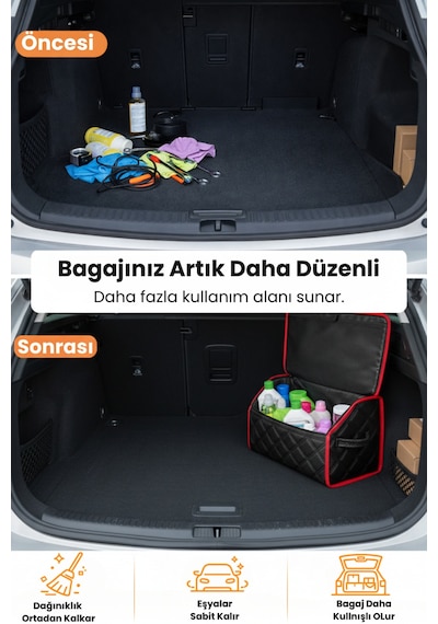 Bagaj Çantası Oto Bagaj Organizer Çift Kat Deri Su Geçirmez Kaymaz Katlanır - Siyah Kırmızı