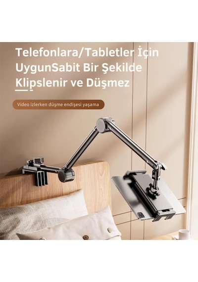 Coofbe Teleskopic Ayarlanabilir Klipsli Yatak Masa Kenarı İçin Tablet Standı Tablet Tutucu 360 Döner Başlık Siyah