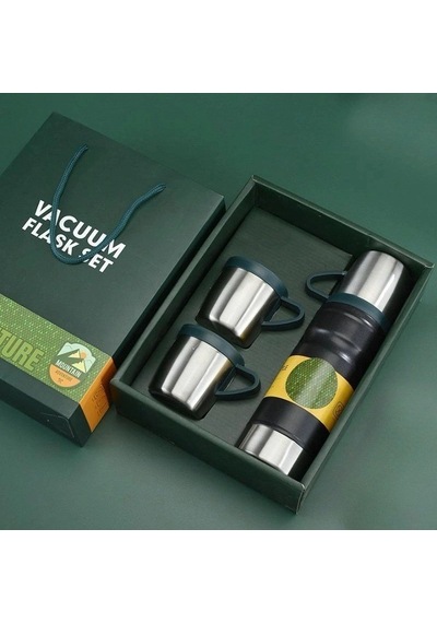 Özel Üretim Spor Aksesuarı Açık Hava Paylaşım Seti 6012 3 Bardaklı 680ml Termos Set Yeşil Çok Renkli