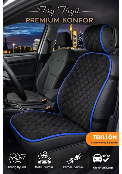 Oto Koltuk Kılıfı Tay Tüyü Tekli Ön Minder 4 Katmanlı Terletmez Airbag Uyumlu - Siyah Mavi