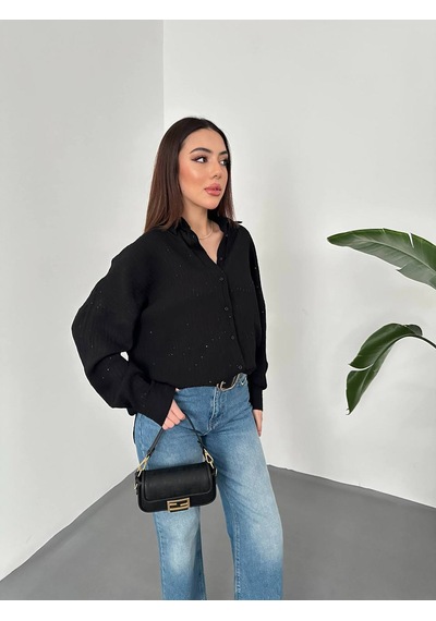 Hopıan Kadın Siyah Taş Baskılı Keten / Dokulu Oversize Gömlek