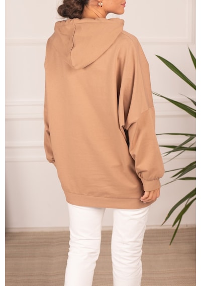 Armonika Kadın Vizon Önü Yazılı Kanguru Cepli Kapüşonlu Oversize Uzun Kol Sweatshirt Arm-24k024008 Armonika Kadın Vizon Önü Yazılı Kanguru Cepli Kapüşonlu Oversize Uzun Kol Sweatshirt Arm-24k024008