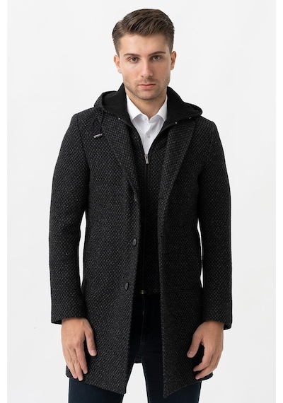 White Stone Ancona 4024 Slim Fit Kapüşonlu Ceket Yaka Pamuklu Kaban Siyah-Siyah