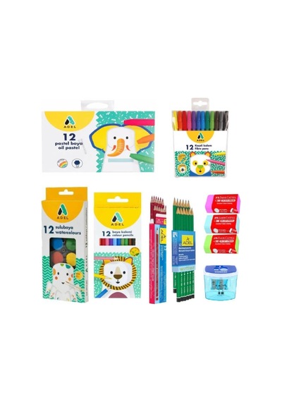 10 Parça Kırtasiye Seti 12 Li Pastel+sulu+kuru Boya+keçeli Kalem Karışık