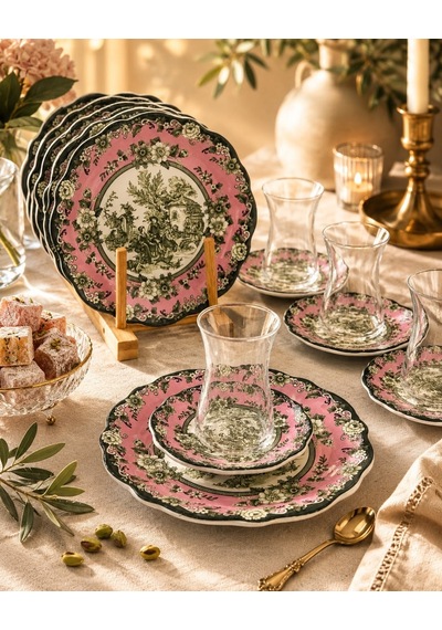 18 Parça 6 Kişilik Venora Pink Pasta Çay Saati Seti-7218 Çok Renkli