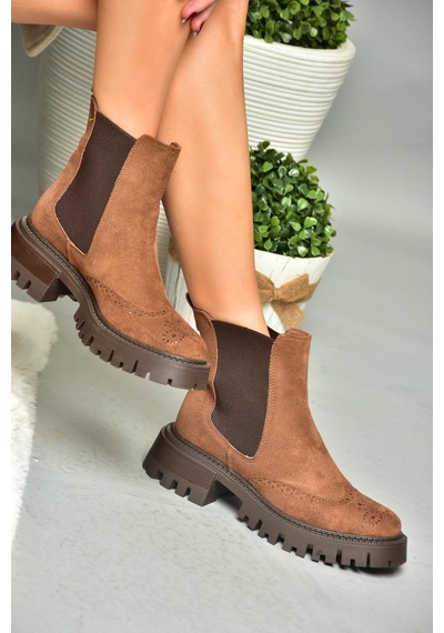 Fox Shoes R312152902 Taba Süet Kalın Tabanlı Kadın Bot Taba