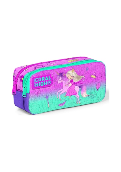Coral High Kids İki Bölmeli Kız Çocuk Pembe Yeşil Prenses Ve Unicorn Kalem Çantası Kalemlik