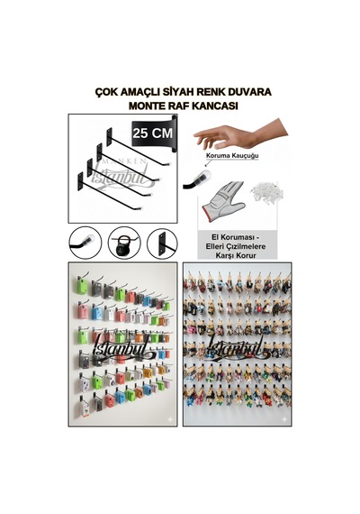 Duvara Monte Kanca Koruma Kauçuklu Siyah 25 Cm Deluxe Raf Askısı Suntaya Monte 45 Adet Siyah
