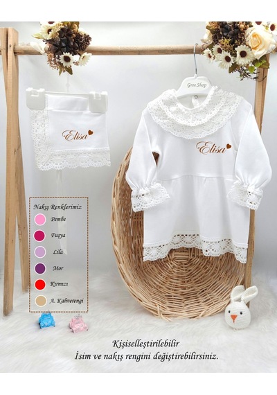 Gros Shop Yeni Doğan %100 Pamuk Dantelli Hediyelik Mevlüt Seti Kişiye Özgü İsimli Nakış Desenli Çok Renkli