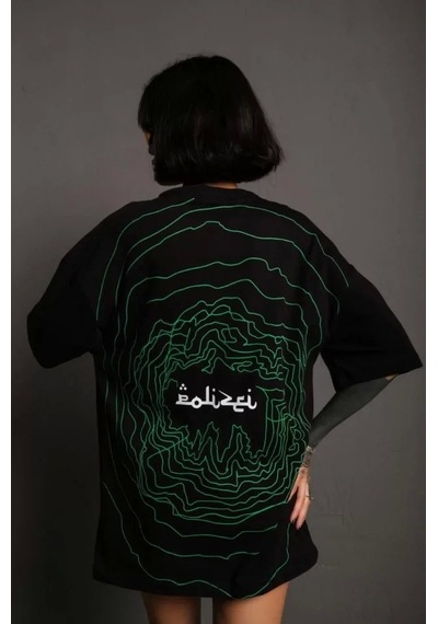 Bisiklet Yakalı Sırt Baskılı Oversize T-shirt - Siyah
