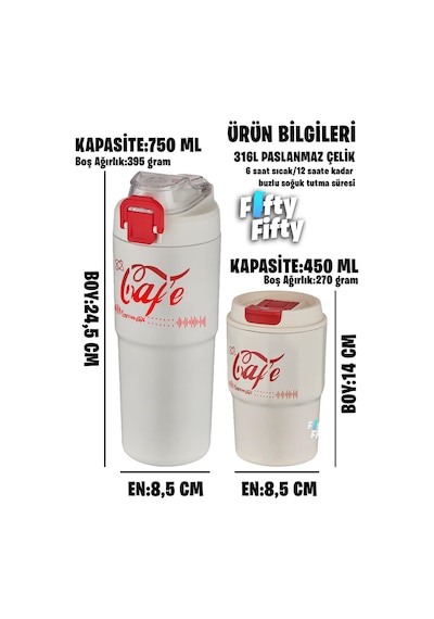 Vagonlife 2'li Çelik Termos-kahve Bardağı Seti 750ml Çift Kullanım Termos//450ml Mug Kahve Bardağı Beyaz