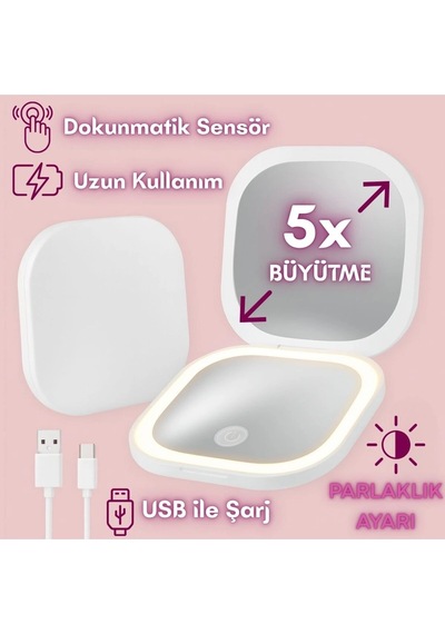 Işıklı Büyüteçli Cep Aynası, Makyaj Usb Şarjlı Katlanır Dokunmatik Led Seyahat El Makyaj Aynası Çok Renkli