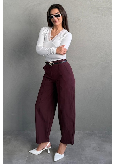 Madmext Mürdüm Modern Kesim Kemerli Yüksek Bel Bol Paça Kumaş Pantolon Mg2618 Mürdüm