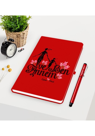 Kişiye Özel Annem ve Ben Kırmızı Defter Kalem Seti Kırmızı