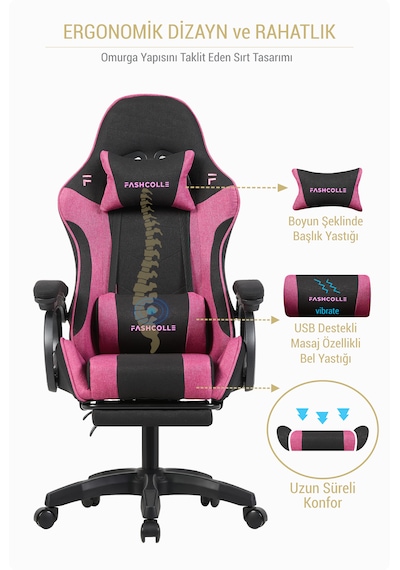 Fashcolle Dynamic Air Kumaş Pembe-siyah Masajlı Oyuncu Koltuğu
