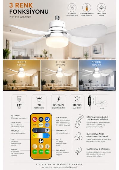 Kes473 Kumandalı Tavan Vantilatörü 3 Renk Fanlı Led E27 Duy 6 Kanatlı 52cm