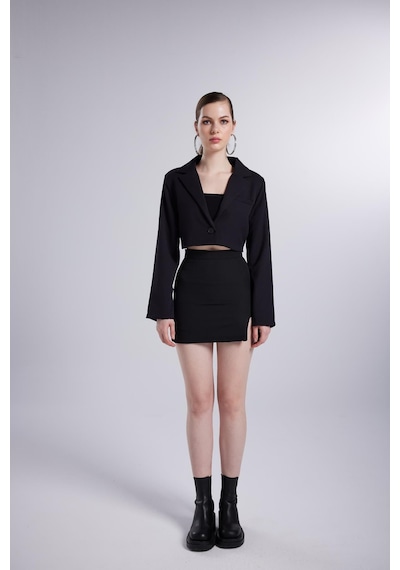 Holly Lolly Vatkalı Atlas Kumaş Crop Model Panky Ceket Siyah