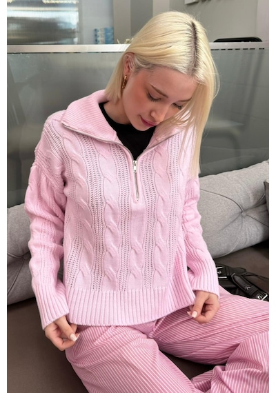 Madmext Pembe Örgü Desenli Fermuarlı Yaka Kadın Triko Kazak Mg2546 Pembe