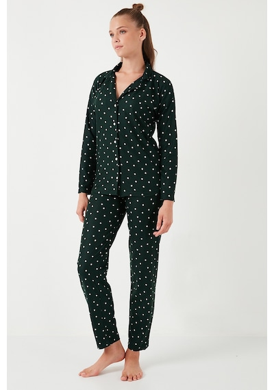 Lela Streç Standart Fit Düğmeli Bayan Pijama Takımı 60956601 Yeşil