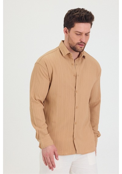 Cool Tarz Erkek Kendinden Çizgi Detaylı Slim Fit Dar Kalıp Uzun Kol Gömlek Krem Krem