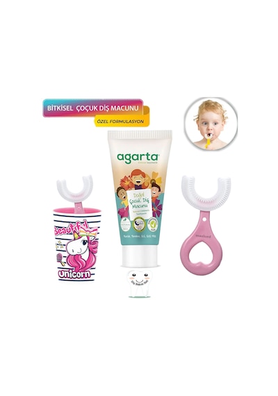 Mas Lord U Tipi Yeni Nesil Diş Fırçası Seti - Pembe Fırçalık + Pembe Kalp 2-6 Yaş +Agarta Çocuk Diş Macunu