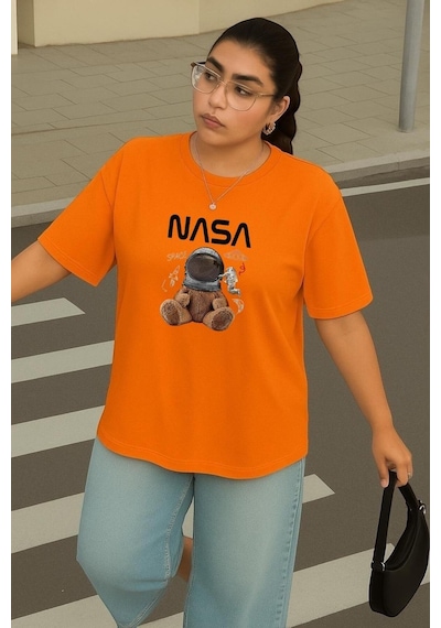 Benroma Büyük Beden Nasa Ayicik Baskili Unisex Tişört Turuncu