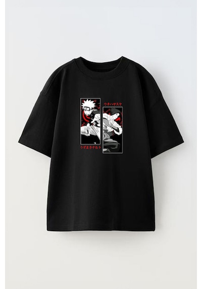 Thewert Unisex Naruto Sasuke Tasarım Baskılı Pamuk Sıyah Oversize T-shirt Siyah