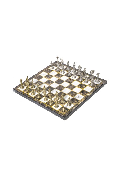 Lüks Metal Satranç Takımı Krom Kaplama Roma Ordusu Figür & Kehribar Mermer Desenli Tahta 20 Cm.
