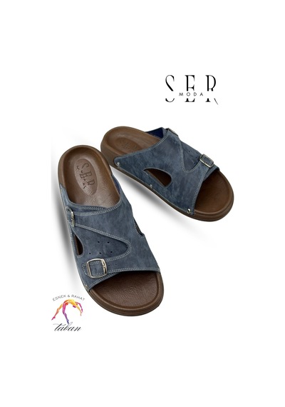 Sermoda Erkek Terlik - Çift Toka Ayarlanabilir Esnek Taban Deri Erkek Terlik T Lacivert