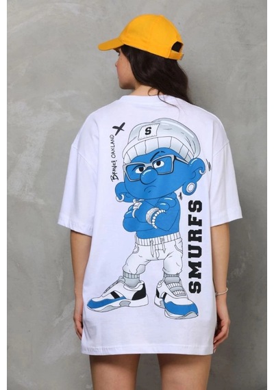 Freedom Store Kadın Bisiklet Yaka Baskılı Oversize T-shirt - Beyaz