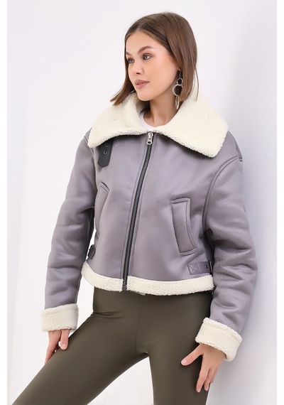Winmoda34 Içi Kürk Astarlı Biker Kısa Ceket Gri