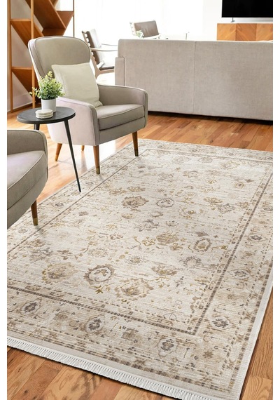 Etro Et003a Krem Klasik Modern Çerçeveli Etnik Desen Parlak Ağır Salon Halısı İpek Serisi-735 Krem