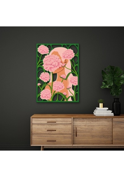 Pembe Karanfilli Kadın Portresi - Metal Tablo - Dec0355 91 X 125 Cm Çok Renkli