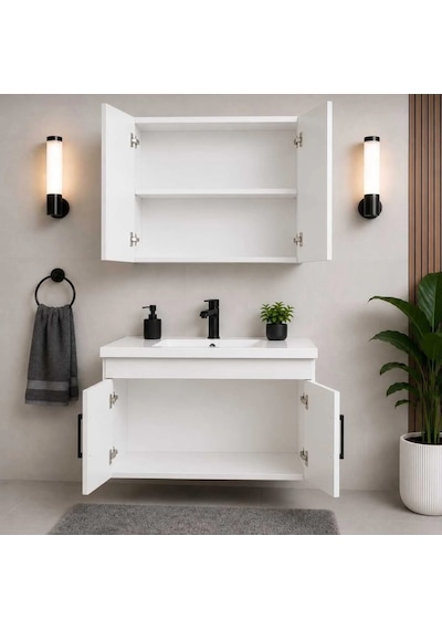 Modern Luna 65 cm Beyaz MDF Banyo Dolabı Takımı Aynalı Üst Modül ve Seramik Lavabolu