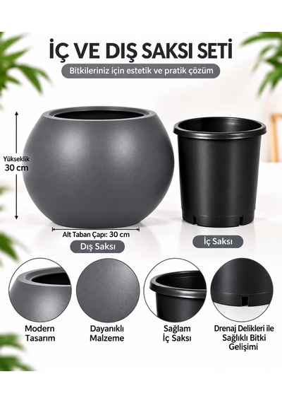 Antrasit Yuvarlak Dekoratif Saksı Seti İçlikli Büyük Boy 27 Litre Dış Saksı 9,5 Litre İç Saksı -