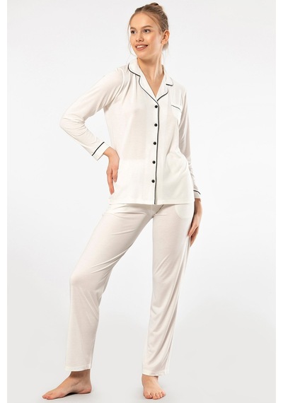 Türen 3365 Kadın Uzun Kollu Gömlek Yaka Pijama Takım-ekru Ekru