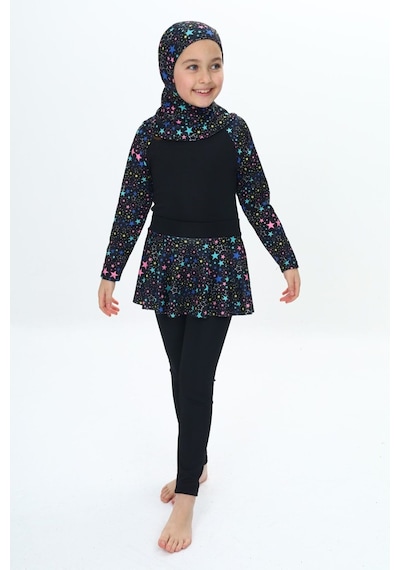 My Kids Wear Üç Parça Kız Çocuk Haşema, Tesettür, Etekli, Kapalı Mayo Mavi - Sarı