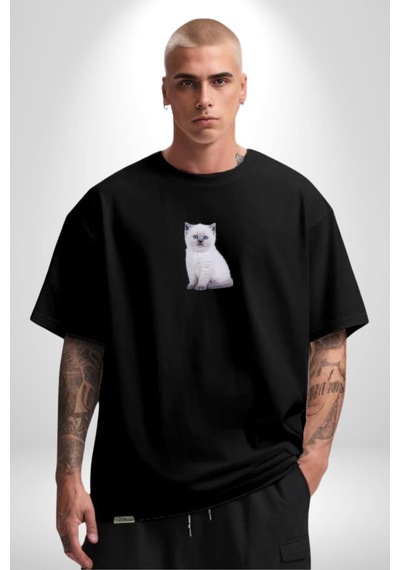 Beyaz Yavru Kedi Siyah Oversize Unisex Ön Orta Minimal Baskılı Tişört Siyah Beyaz Yavru Kedi Siyah Oversize Unisex Ön Orta Minimal Baskılı Tişört Siyah