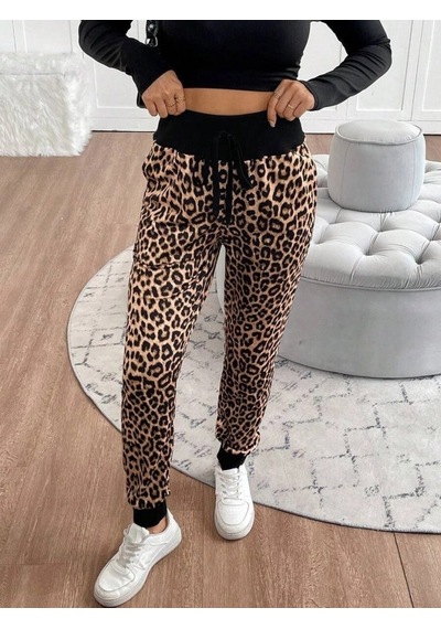 Zennamoda Kadın Yüksek Bel Bağcıklı Desenli Iki Iplik Pantolon Leopar