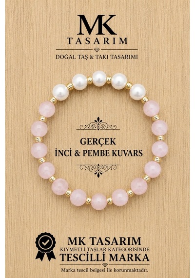 Mk Tasarım Gerçek İnci Gerçek Pembe Kuvars Bileklik Mk.7000.837- Rahatlık-dinginlik-enerji- Stres Bi Çok Renkli