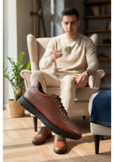 Enoch Hakiki Deri Lazer Delik Detaylı Erkek Sneaker Ortopedik Taban Taba