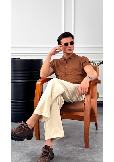 Modefendi Slim Fit Polo Yaka Triko Pamuk Kısa Kollu Gömlek Kahverengi