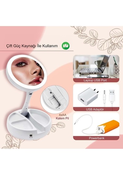 Tr 10x Büyütme Çift Taraflı Makyaj Ayna Katlanabilir 21 Led Işıklı Makyaj Aynası Usb Kablo