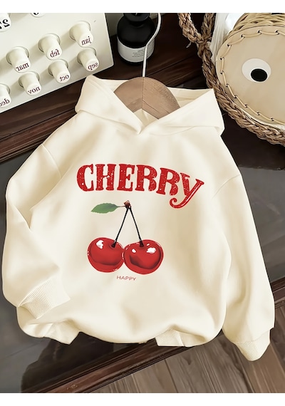Uyguntarz Happy Cherry Baskılı Oversize Çocuk Sweatshirt Bej