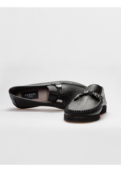 Cabani Hakiki Deri Siyah Lazer Detaylı Erkek Loafer-siyah Siyah
