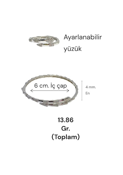 Zirkon Taşlı Gümüş Kelepçe Ve Ayarlanabilir Yüzük Seti - 925 Ayar Gümüş Yılan Set