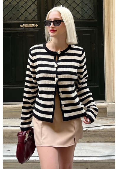Madmext Siyah Çizgili Bisiklet Yaka Gold Düğme Detaylı Cotton Hırka Mg1605