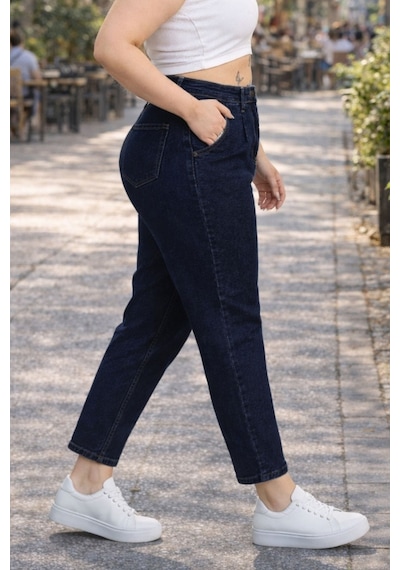 Cedy Denim Mom Fit Jean Büyük Beden Yüksek Bel Carrot Kesim Dar Paça Pileli Esnek Kot Pantolon C600 Lacivert